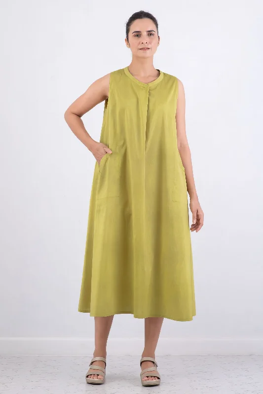 Year-End Sale DYED COTTON SILK HEAVY VOILE WAVY BAND COLLAR MAXI DRESS - dh1439-cha -