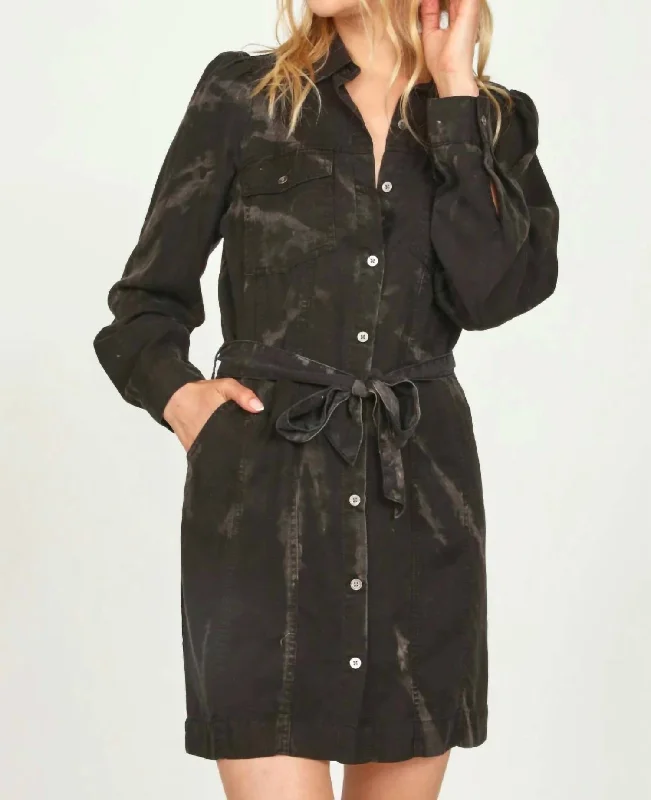 casual midi dressWoodland Tie Dye Puff Sleeve Dress in Black