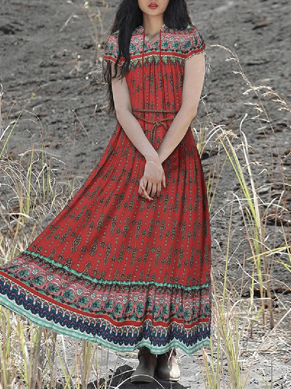 Sneak Peek Sale statement dressBohemian Vintage Floral Print Lace-Up V-Neck Short Sleeve Holiday Maxi Dress for Women