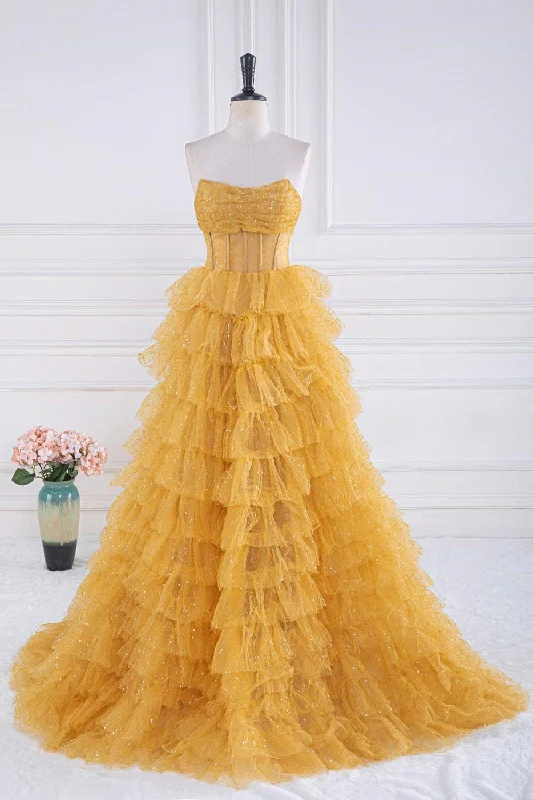 Crazy Deals off-the-shoulder dressSparkly Yellow Strapless Layers A-line Long Prom Dress