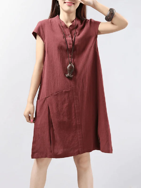 Instant Discount off-the-shoulder dressWomen Short Sleeve Button Solid Color Casual Dress