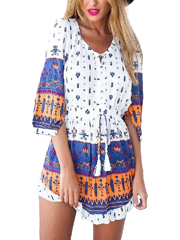 Fantastic Deals floral midi dressPrinted Floral Drawstring Scoop Neck 3/4 Sleeve Dress for Women