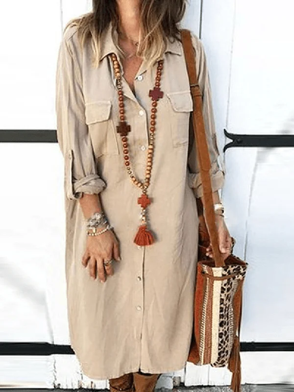 Special Savings chic slip dressWomen Long Adjustable Sleeve Button Turn-Down Collar Long Shirt Dress