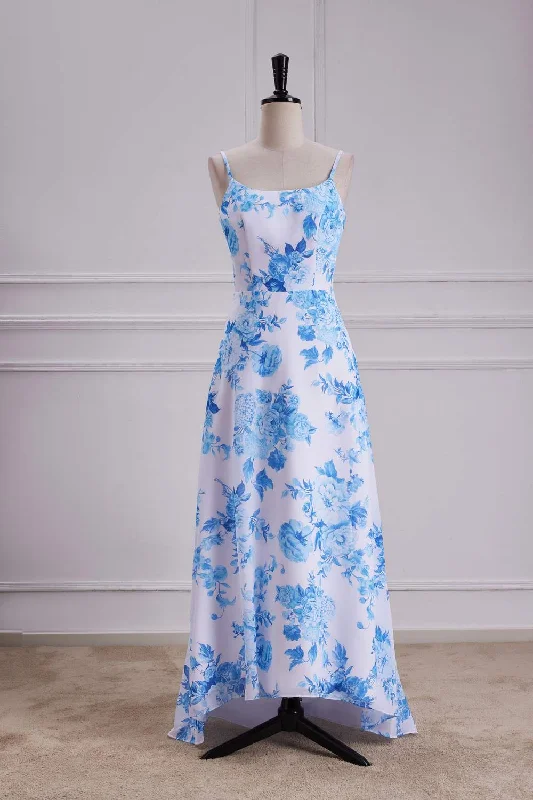 Special Discount sleek dressBlue Floral Spaghetti Straps A-line Long Bridesmaid Dress