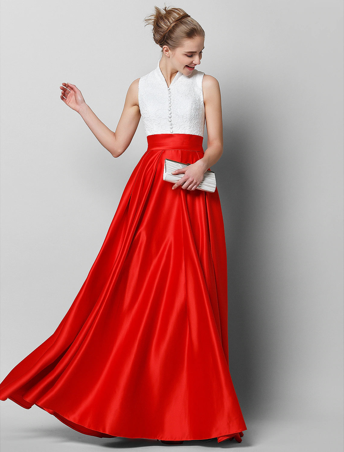 Crazy Savings A-Line Elegant Luxurious Color Block Formal Evening Gala Dress High Neck Sleeveless Floor Length Lace with Pleats