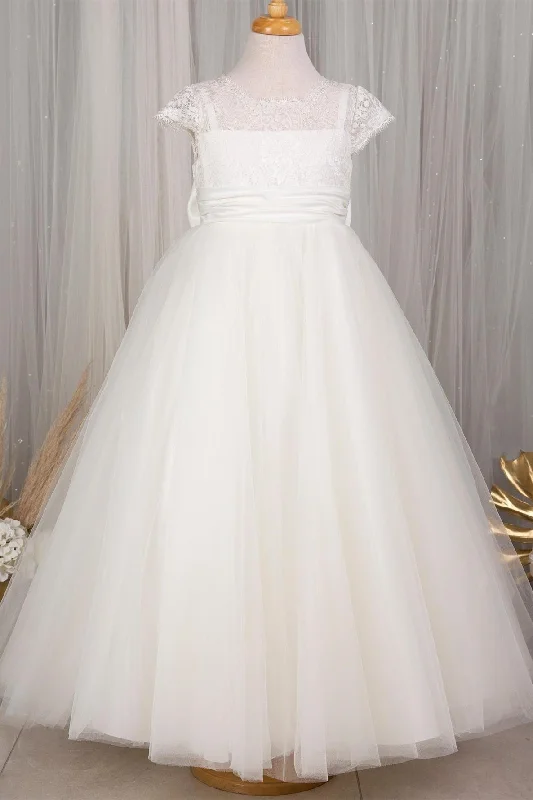 Limited Edition mini dressWhite Illuision Lace Neck Cap Sleeves Long Flower Girl Dress with Bow