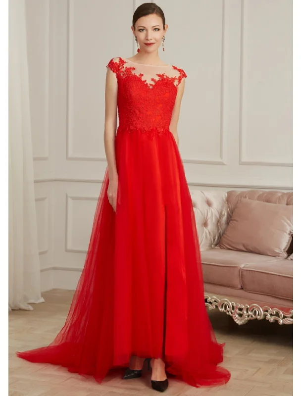 Daily Deals Evening Gown Elegant Dress Engagement Sleeveless Illusion Neck Lace with Slit Appliques