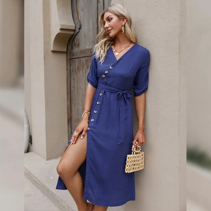 Act Now knit dressSummer Blue Mid-Length Slimming Belly Dress