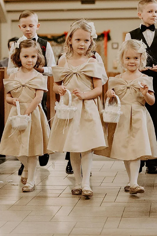 New Markdowns casual dressChampagne Bow Front A-Line Flower Girl Dress