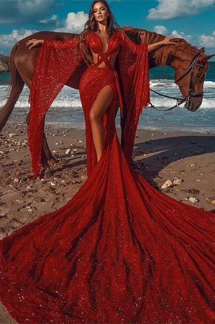 Deal Dash Sparkle Red Extreme Long Train Chic Criss-cross Long Sleevess Prom Party Gowns Deal Dash Sparkle Red Extreme Long Train Chic Criss-cross Long Sleevess Prom Party Gowns
