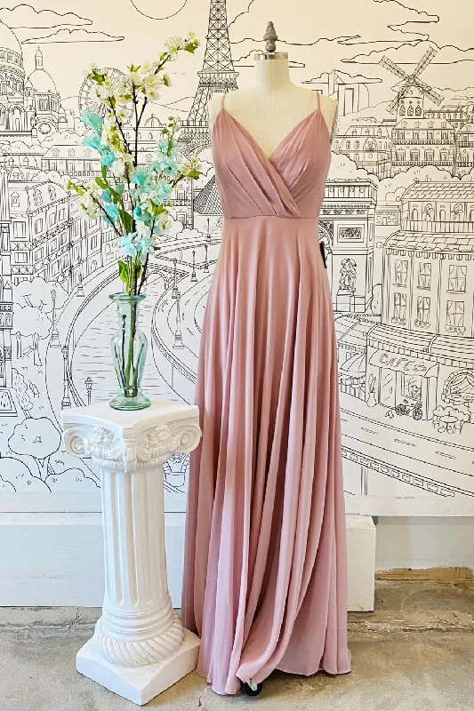 Savings Spectacular structured dressPink V Neck Spaghetti Straps Pleated Chiffon Long Bridesmaid Dress