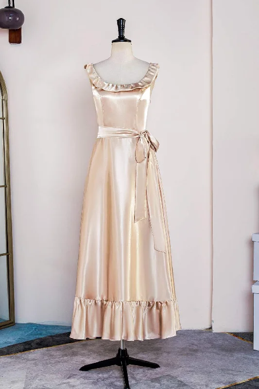 Exclusive Savings sophisticated dressChampagne Sleeveless Ruffled A-line Tea-Length Bridesmaid Dress with Sash