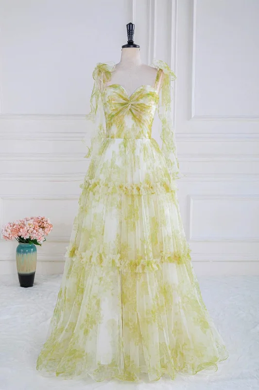 Shop and Save pleated maxi dressLight Yellow Floral Bow Tie Straps Ruffled A-line Long Prom Dress