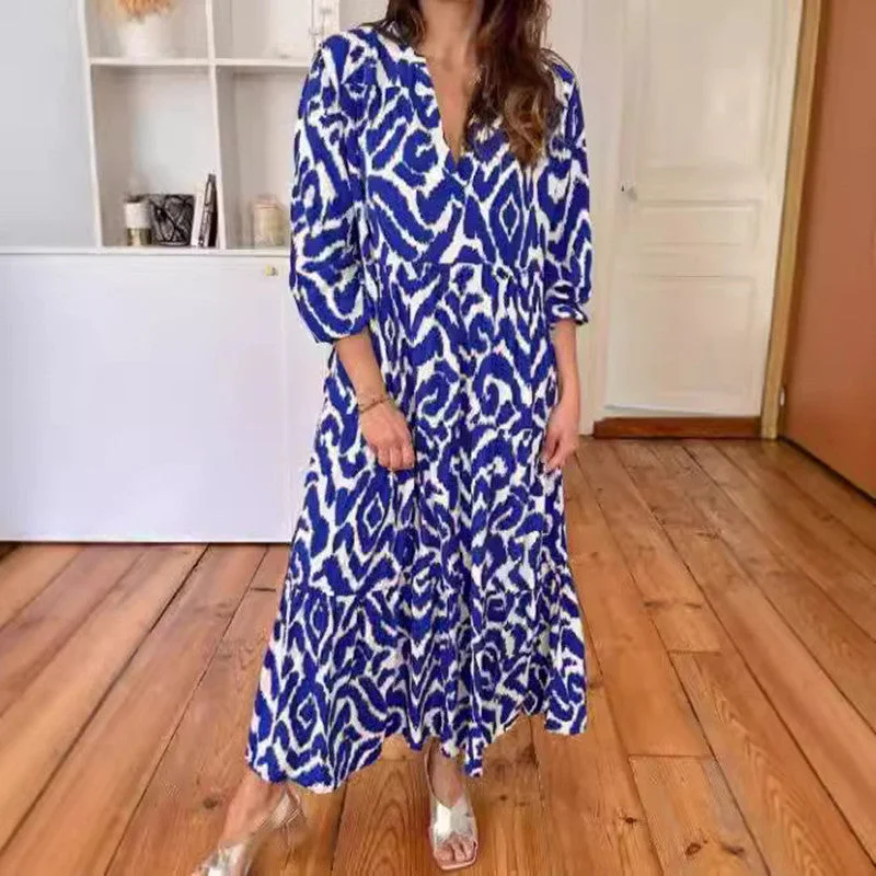 Price Cut casual day dressWomen's Long Sleeve V-neck Printed Dress