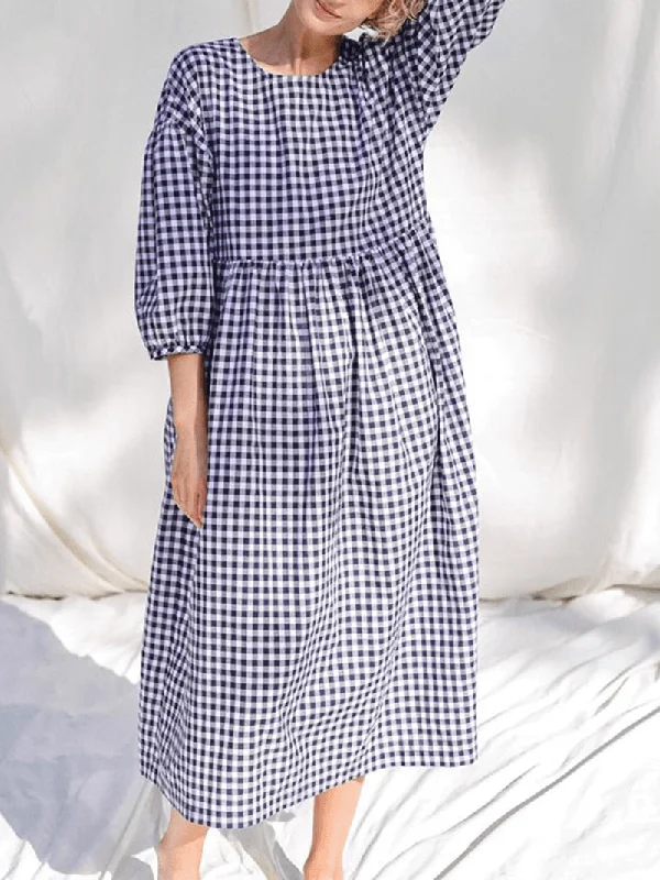 Don’t Miss Out playful dressWomen Plaid Print Pleated round Neck Casual Half Sleeve Midi Dresses