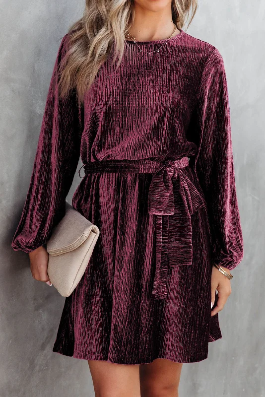 Best Seller elegant dressFiery Red Tie Waist Crinkle Velvet Dress