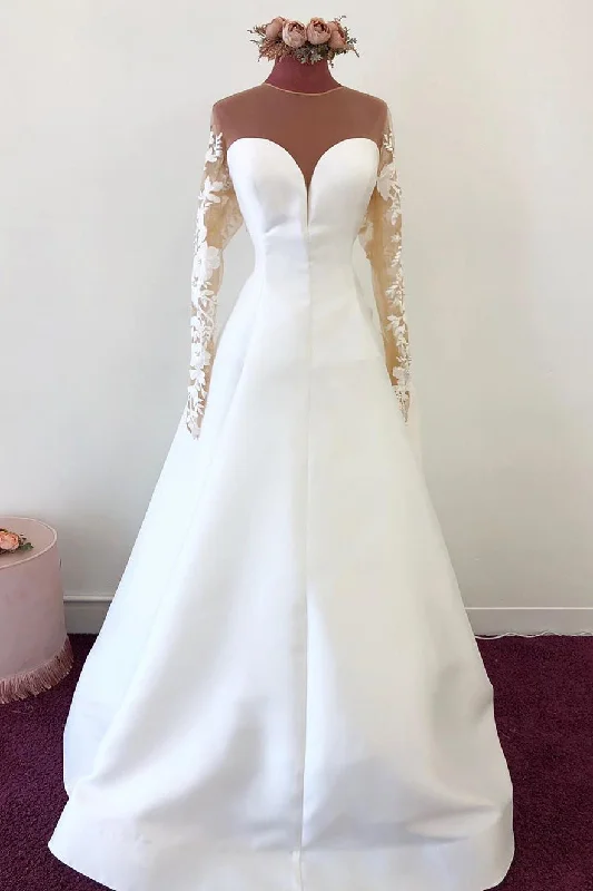 Exclusive Access stylish party dressIllusion Neck Long Sleeves White Satin Bridal Gown with Appliques-Button