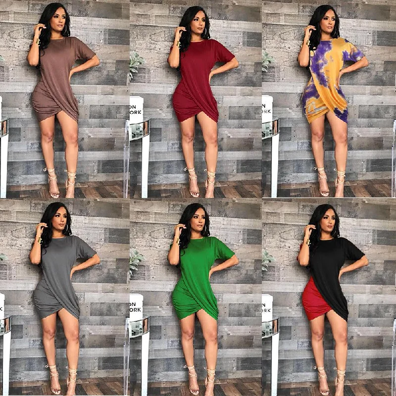 Blowout Deals backless dressRound Neck Pleated Design Irregular Short-sleeved Dress