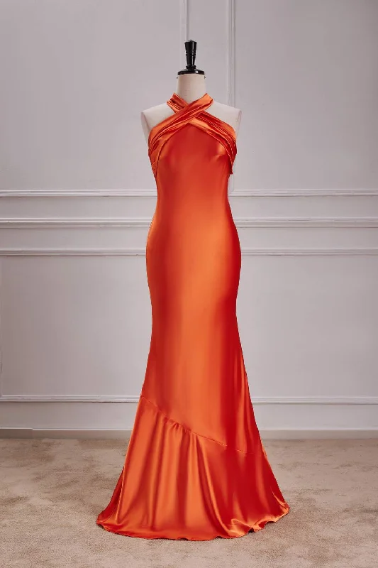 Discount Extravaganza winter dressOrange Bow Tie Halter Mermaid Satin Long Bridesmaid Dress