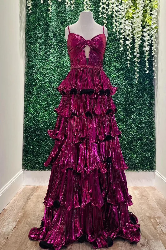 Great Deals mini dressStraps Fuchsia Metallic Pleated A-line Ruffle Long Formal Dress