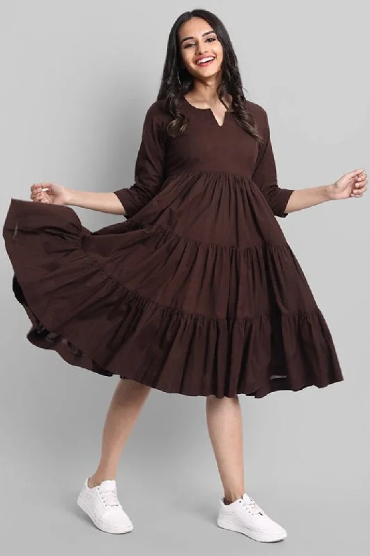 Hurry In Brown Mul Cotton Graduated Short Dress