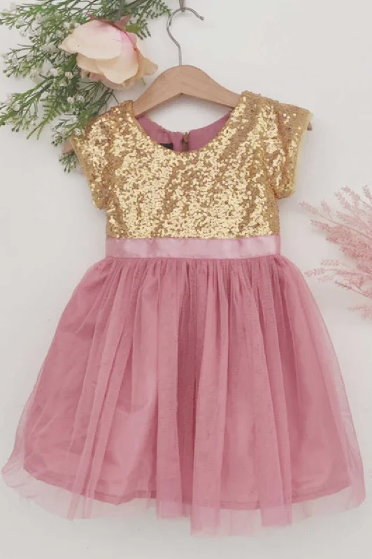 Special Discount chic dressDusty Pink Sequins Short Sleeve Flower Girl Dress