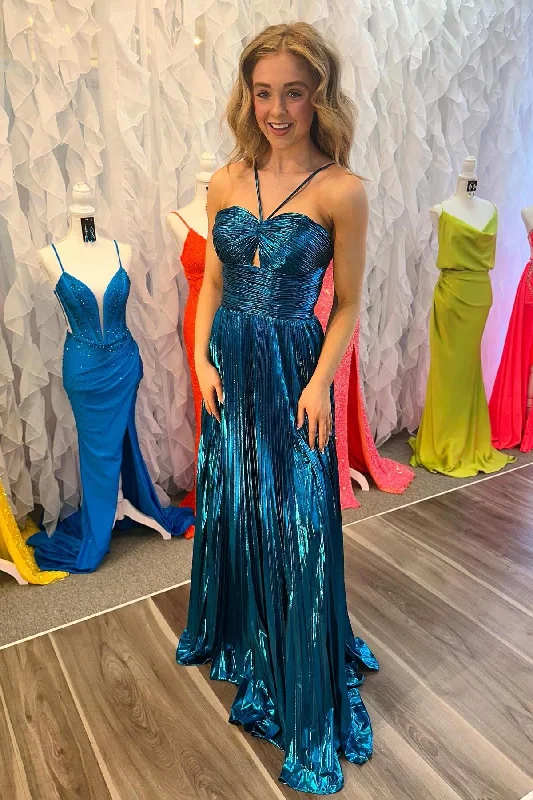 Savings Spectacular off-shoulder dressHalter Blue Metallic Pleated A-line Long Formal Dress