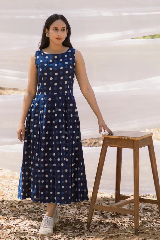 Early Bird Discount Indigo Polka Handblock Sleeveless Pleated Dress