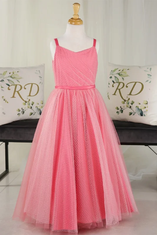 Act Fast satin dressHot Pink Straps Dot Pleated Tulle Long Flower Girl Dress