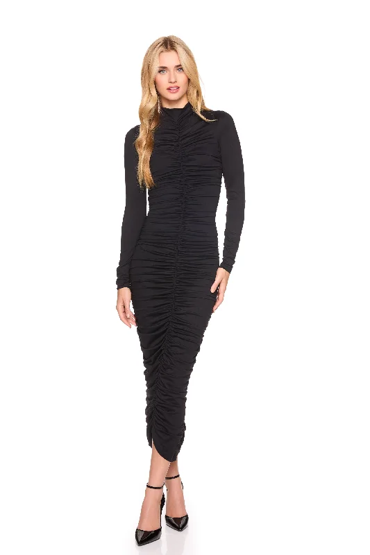 sleek midi dressmocked neck gathered long sleeve dress