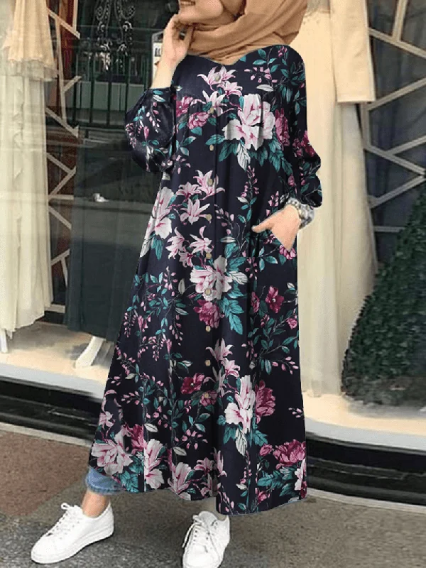 Factory Direct Sale floral midi dressWomen 100% Cotton Floral Print Mid-Calf Length Kaftan Maxi Dresses with Side Pocket