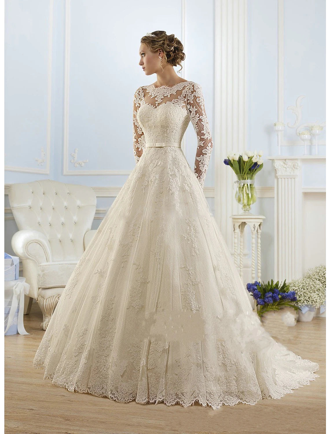 Limited Stock Engagement Formal Wedding Dresses A-Line Long Sleeve with Lace