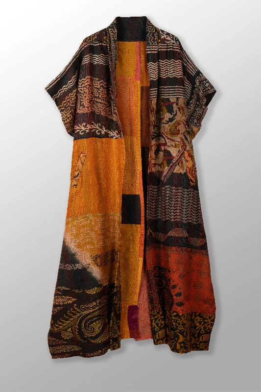 Price Rollback VINTAGE SILK PATCH KANTHA PONCHO DRESS - vp2443-ylw -