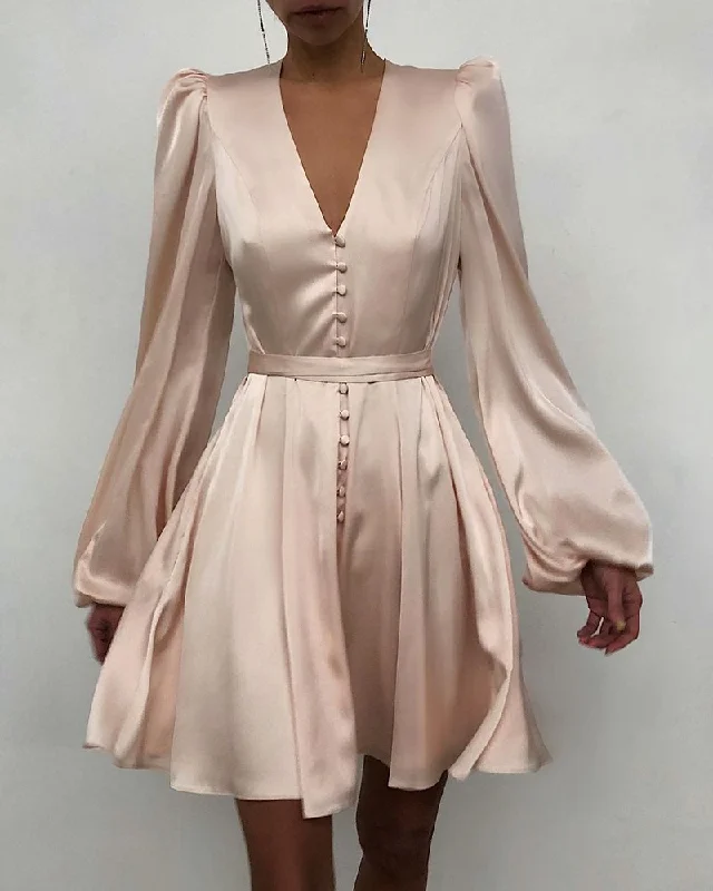 Clearance Sale floral dressLuster V-Neck Buttons Long Sleeve Casual Dress for Women
