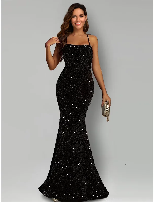 Online Specials Mermaid / Trumpet Evening Gown Black Dress Formal Sweep / Brush Train Sleeveless Halter Sequined with Sequin