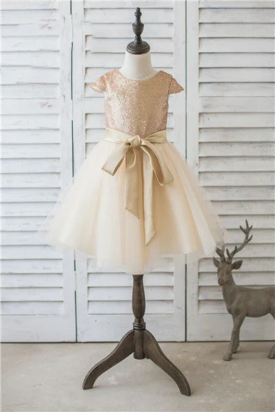 Huge Savings summer dressSparkly Gold Sequins Flower Girl Dress with Sash