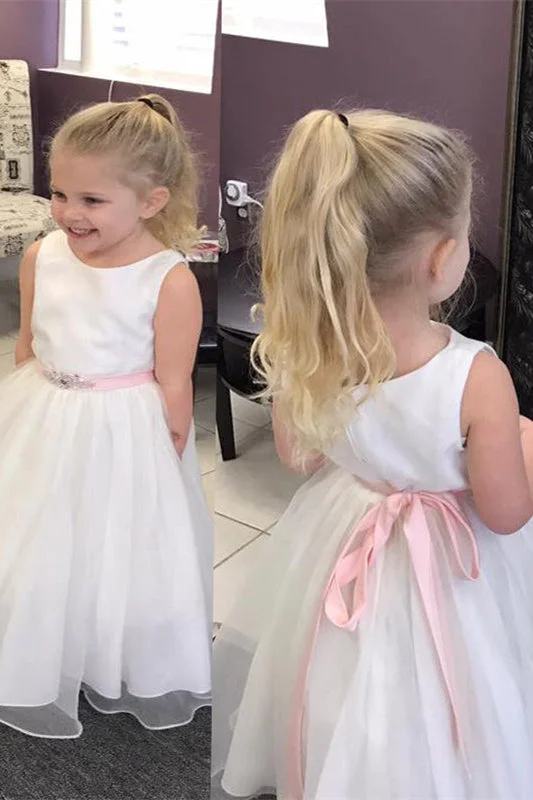 Extra Discounts boho-chic dressModest White Long Flower Girl Dress with Pink Sash