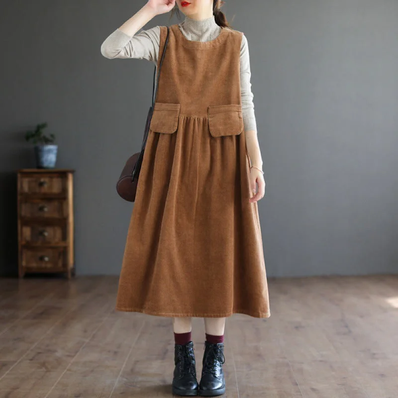 Price Meltdown shift dressCorduroy Mid-length Dress Women's Artistic Plus Size Pocket Sleeveless Vest Dress