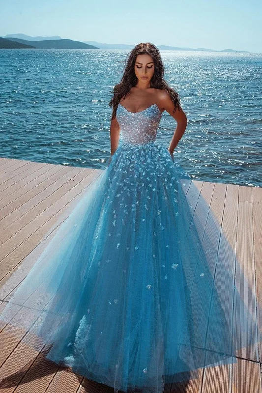 Major Savings Ocean Blue Strapless Sparkle Beads Tulle Princess Prom Party Gowns