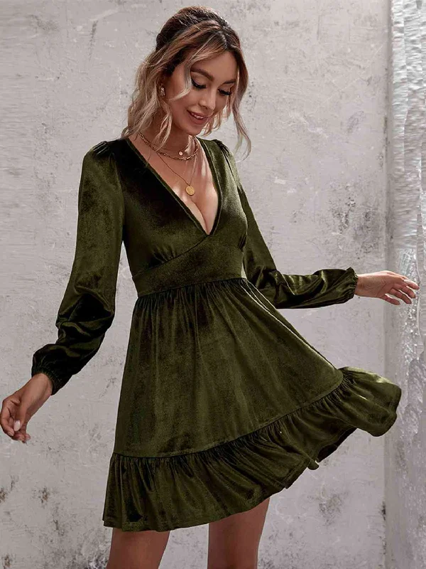 Epic Deals form-fitting dressPlunge Long Sleeve Ruffle Hem Velvet Dress