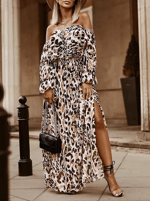 Act Now fitted bodycon dressWomen Leopard off Shoulder Thigh Split Casual Long Sleeve Maxi Dresses