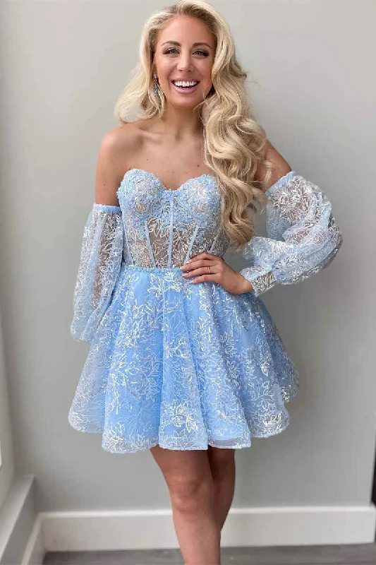 Can't Miss minimalistic dressBlue Lace Bustier A-Line Short Homecoming Dress with Detachable Sleeve