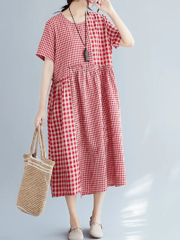 Lowest Price fitted dressVintage Cotton Linen Plaid Loose Dress