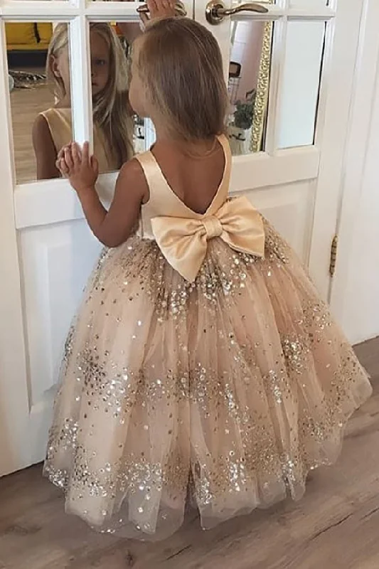 Blowout Sale modern dressBall Gown Champagne Sequins Bow Flower Girl Dress