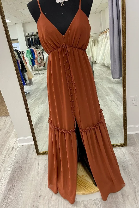 While Supplies Last formal dressBrown A-line V Neck Straps Ruffle Buttons Long Bridesmaid Dress with Slit