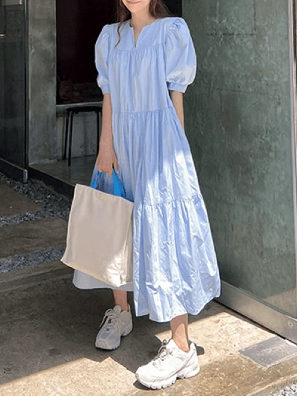 Limited Time luxury dressPleated Tiered V-Neck Half Puff Sleeve Solid Color Casual Maxi Dresses for Women