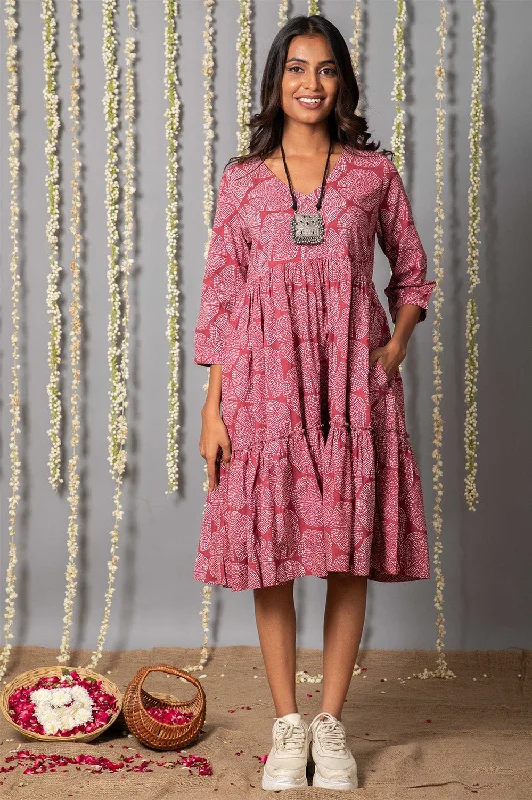 Price Rollback V neck Pink Ajrak Print Graduated Dress
