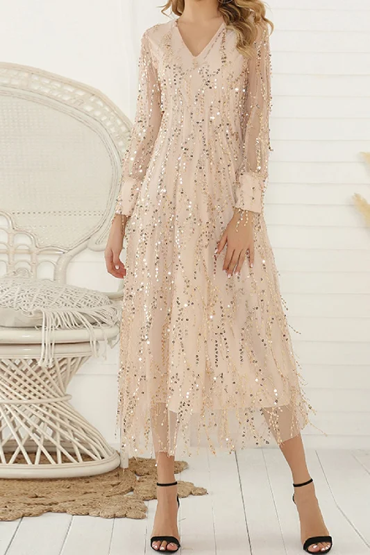 off-shoulder dressV Neck Sequin Fringe Dress