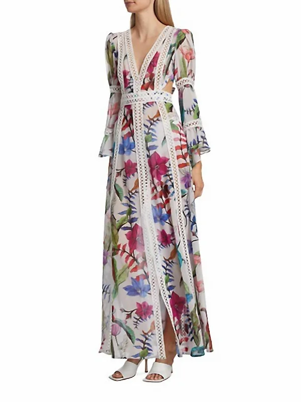 pleated maxi dressZamia Lace Trim Maxi Dress in White Multi