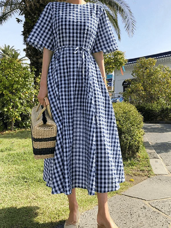 Act Now mini dressWomen Summer Short Sleeve Plaid Bow-Knot Casual Dress
